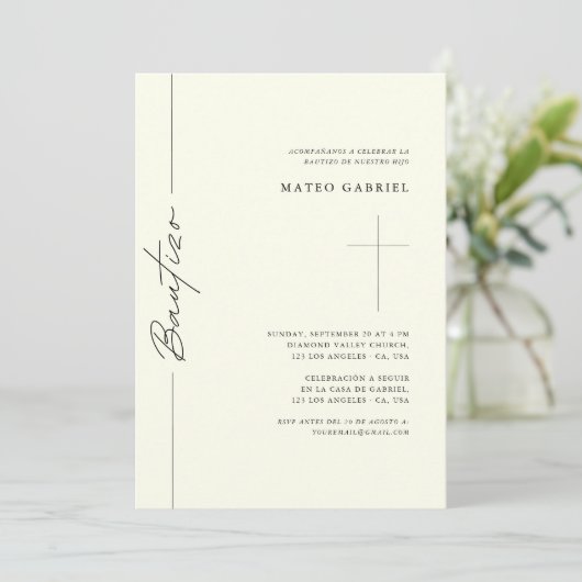 Elegantes Skript Spanische Taufe Ivory Bautizo Einladung (Stehend Vorderseite)