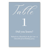 Elegantes Skript staubige blaue Fakten Hochzeit Tischnummer (Rückseite)