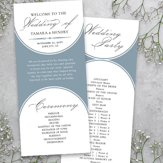 Elegantes Skript Staublaues Bogen-Hochzeitsprogram