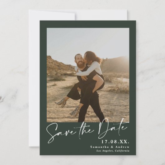 Elegantes Skript tief grün 2 Fotos Save the Date (Vorderseite)