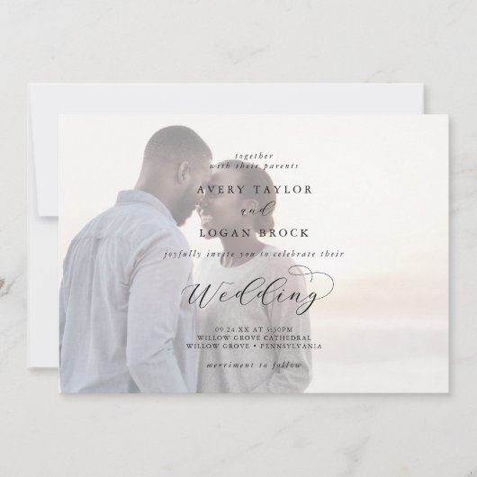 Elegantes Skript | Verblasste horizontale Foto Hoc Einladung (Vorderseite)