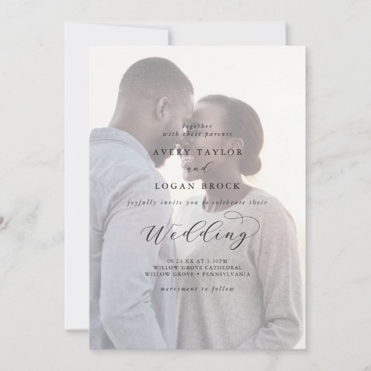 Elegantes Skript verblichenes Foto Vor- und Rückse Einladung (Vorderseite)