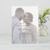 Elegantes Skript verblichenes Foto Vor- und Rückse Einladung (Stehend Vorderseite)