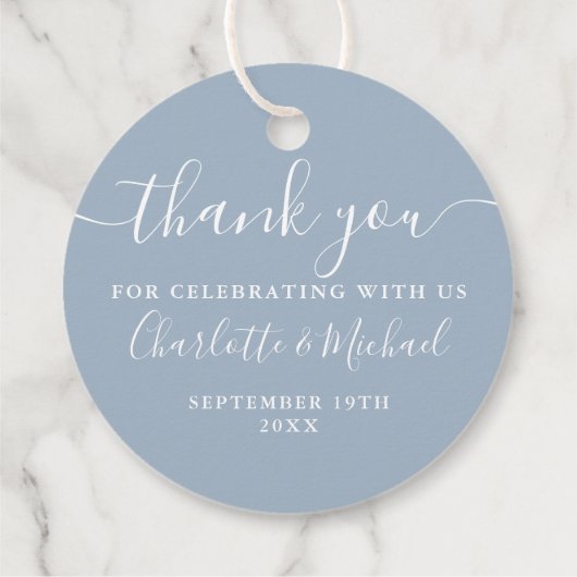 Elegantes Skript Vielen Dank Dusty Blue Wedding Geschenkanhänger (Rückseite)