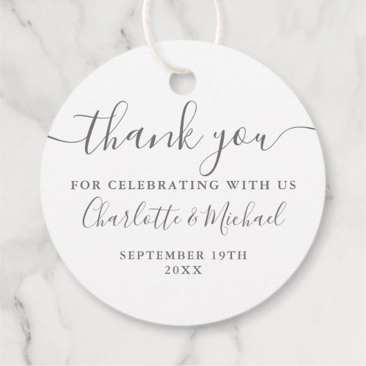 Elegantes Skript Vielen Dank, Grau und Weiß Hochze Geschenkanhänger (Rückseite)