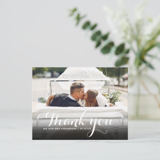 Elegantes Skript Vielen Dank Hochzeit Foto Postkarte (Stehend Vorderseite)