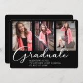 Elegantes Skript Virtual Abschluss 3 Foto Schwarz Einladung (Vorne/Hinten)