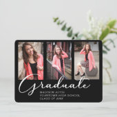 Elegantes Skript Virtual Abschluss 3 Foto Schwarz Einladung (Stehend Vorderseite)