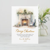 Elegantes Skript Wasserfarbe Feuerplatz Weihnachte Feiertagskarte (Stehend Vorderseite)