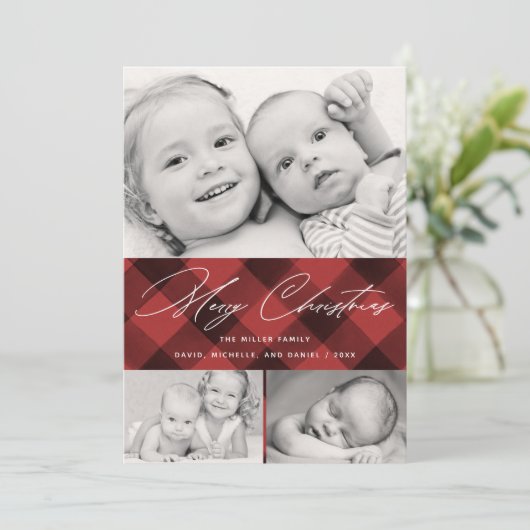 Elegantes Skript Weihnachten Kariert 3 Foto Collag (Stehend Vorderseite)