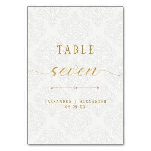 Elegantes Skript Weiß Spitze Gold 7 Sieben Hochzei Tischnummer