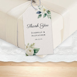 Elegantes Skript Weiße Blumen Botanische Hochzeit Geschenkanhänger