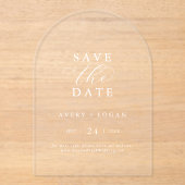 Elegantes Skript White Modern Wedding Save the Dat Acryleinladungen (Vorderseite)