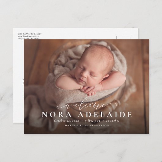 Elegantes Skript willkommen einfache Geburtsankünd Ankündigungspostkarte (Vorne/Hinten)