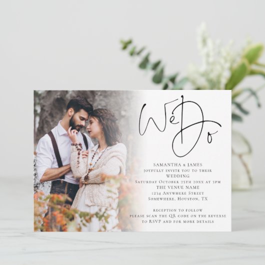 Elegantes Skript Wir machen Foto Overlay QR Code H Einladung (Stehend Vorderseite)
