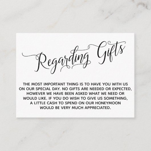 Elegantes Skript zu Geschenken für die Hochzeit Begleitkarte (Vorderseite)