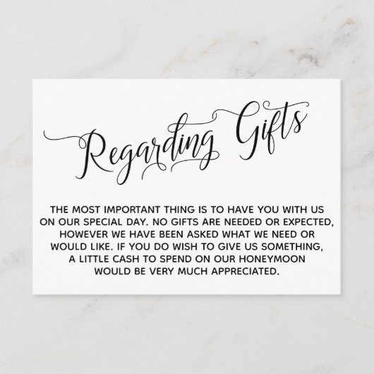 Elegantes Skript zu Geschenken für die Hochzeit Begleitkarte (Vorderseite)