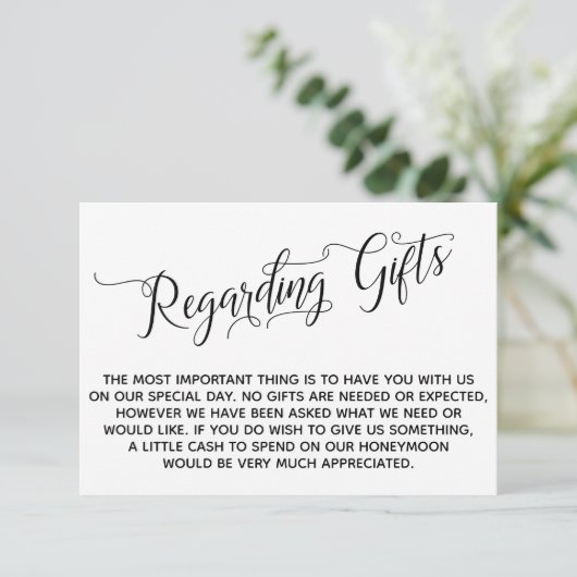 Elegantes Skript zu Geschenken für die Hochzeit Begleitkarte (Stehend Vorderseite)