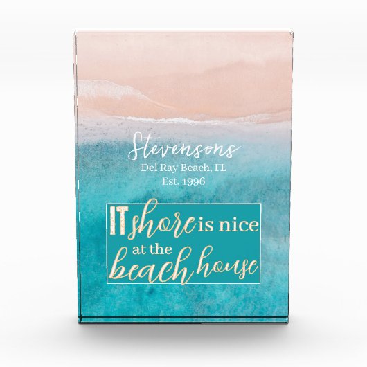 Elegantes Skriptfamilie Name Beach Vacation House Fotoblock (Vorderseite)