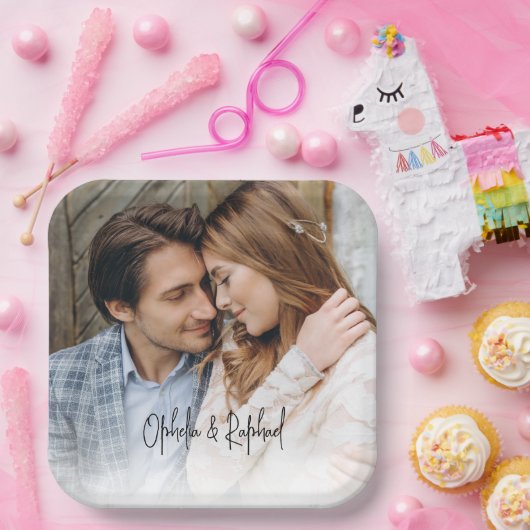 Elegantes Skriptnamen Foto Overlay Hochzeit Pappteller (Party)