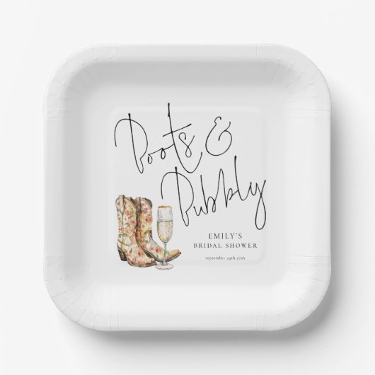 Elegantes Skriptstiefel und Bubbly-Brautparty Pappteller (Vorderseite)