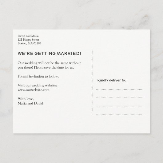 Elegantes SkriptWedding Save the Date Ankündigungspostkarte (Rückseite)