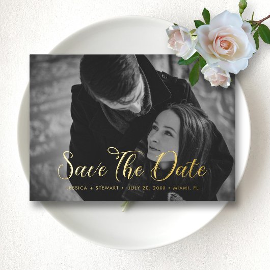 Elegantes SkriptWedding Save the Date Custom Foto Folieneinladung