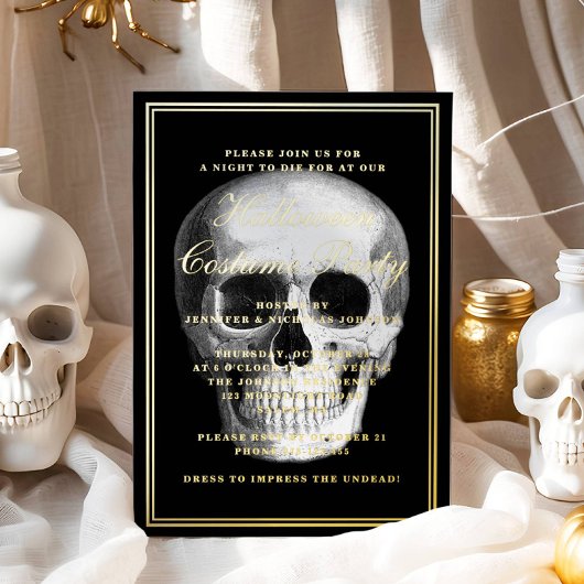 Elegantes Skull Halloween-Kostüm-Party Gold Folieneinladung