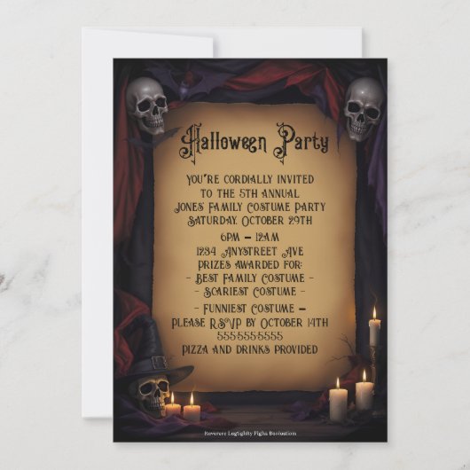 Elegantes Skulls und Candles Halloween-Party Einladung (Vorderseite)