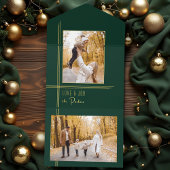 Elegantes Sleek Green/Gold Moderner Deko Foil Foto All-in-One-Einladung