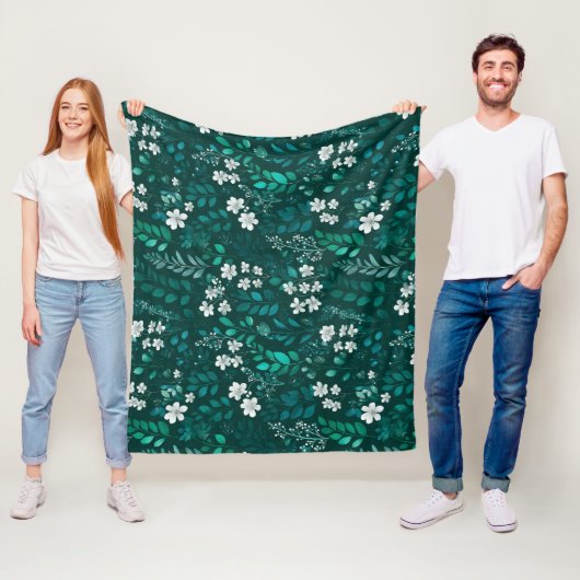Elegantes Smaragdblatt weißes Blumenmuster Fleecedecke (Beispiel)