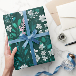 Elegantes Smaragdblatt weißes Blumenmuster Geschenkpapier
