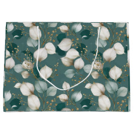 Elegantes Smaragdblatt weißes Blumenmuster Große Geschenktüte