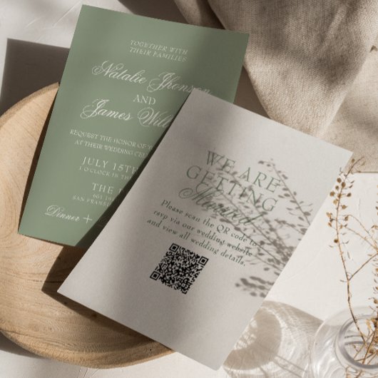 Elegantes Smaragdgrün Boho Modernes QR-Code-Hochze Einladung