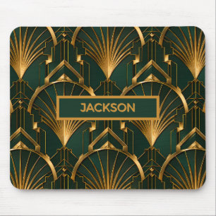 Elegantes Smaragdgrün und Gold Art Deco Monogramm Mousepad