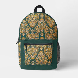 Elegantes Smaragdgrün und Gold Damastmuster Bedruckter Rucksack