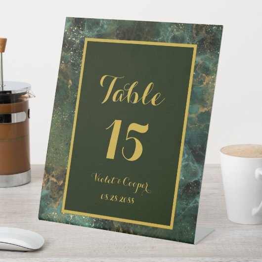 Elegantes Smaragdgrün und Gold Flecks Hochzeitsenv Sockelschild (In Situ)