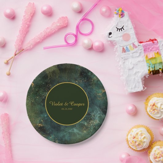 Elegantes Smaragdgrün und Gold Flecks Hochzeitspap Pappteller (Party)