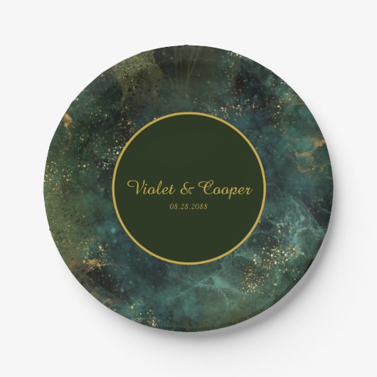 Elegantes Smaragdgrün und Gold Flecks Hochzeitspap Pappteller (Vorderseite)