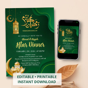 Elegantes Smaragdgrün und Gold Iftar Ramadan Einladung