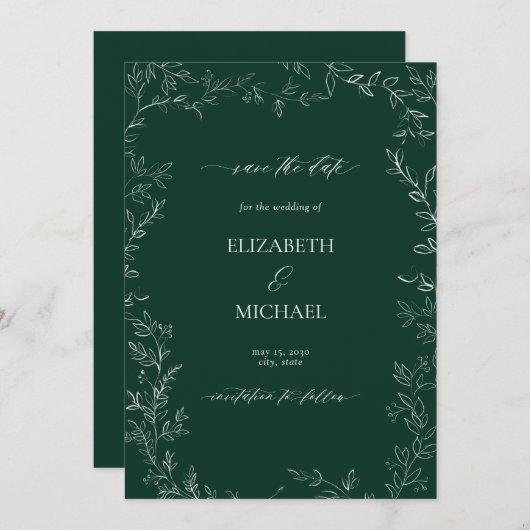 Elegantes Smarald Green Modern Leaf Save the Date Einladung (Vorne/Hinten)