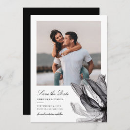 Elegantes Smoky Floral Schwarz-weißes Foto Hochzei Save The Date