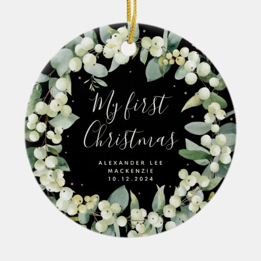 Elegantes Snowberry Baby's First Christmas Foto Keramik Ornament (Vorne)