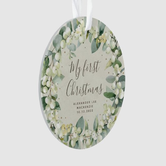 Elegantes Snowberry Baby's First Christmas Foto Ornament (Vorderseite)