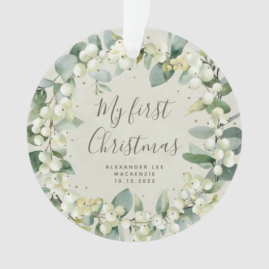 Elegantes Snowberry Baby's First Christmas Foto Ornament (Vorderseite)