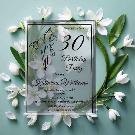 Elegantes Snowdrops 30. Geburtstag Party Acryleinladungen