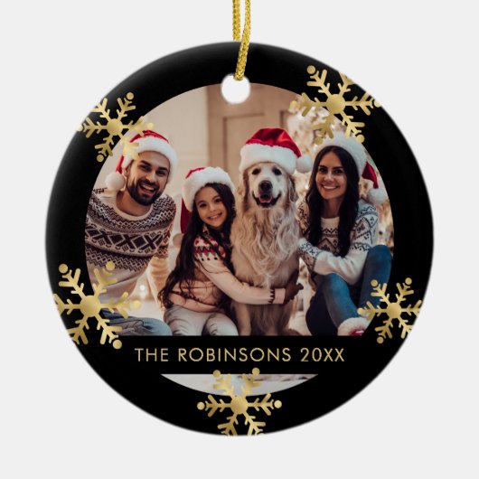 Elegantes Snowflake Black and Gold Foto Weihnachte Keramik Ornament (Vorne)