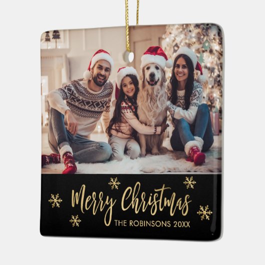 Elegantes Snowflake Black and Gold Foto Weihnachte Keramikornament (Links)
