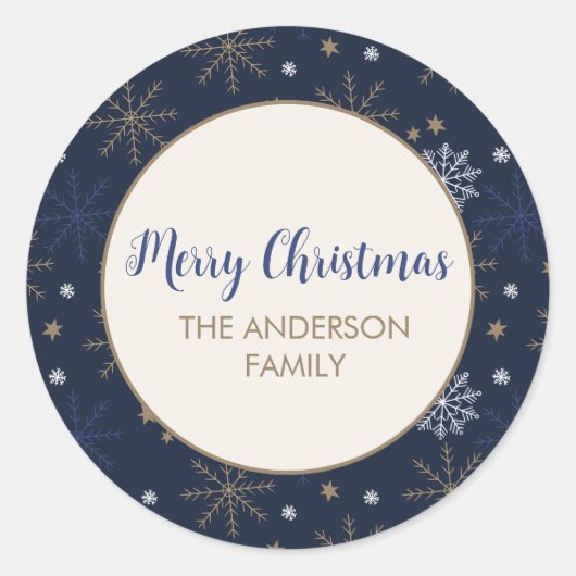 Elegantes Snowflake Muster Dunkelblau Runder Aufkleber (Vorderseite)