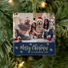 Elegantes Snowflake Navy und Gold Foto Weihnachten Keramikornament